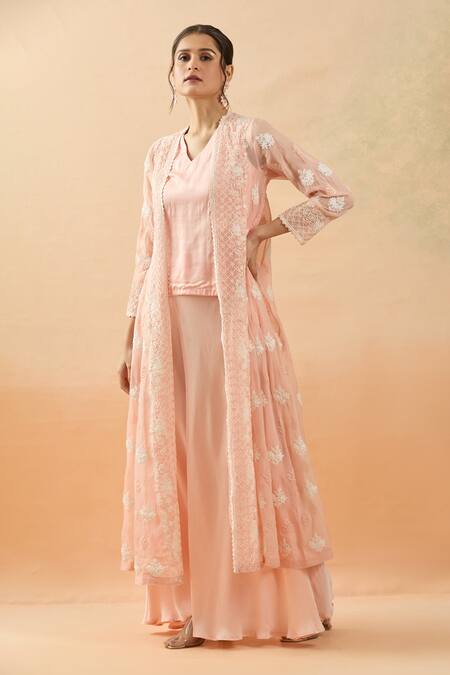 Brij Peach Organza, Modal, Satin Embroidery Open Neck, Floral Jacket Pant Set at Aza Fashions Brij_Peach Organza, Modal, Satin Embroidery Open Neck, Floral Jacket Pant Set _at_Aza_Fashions