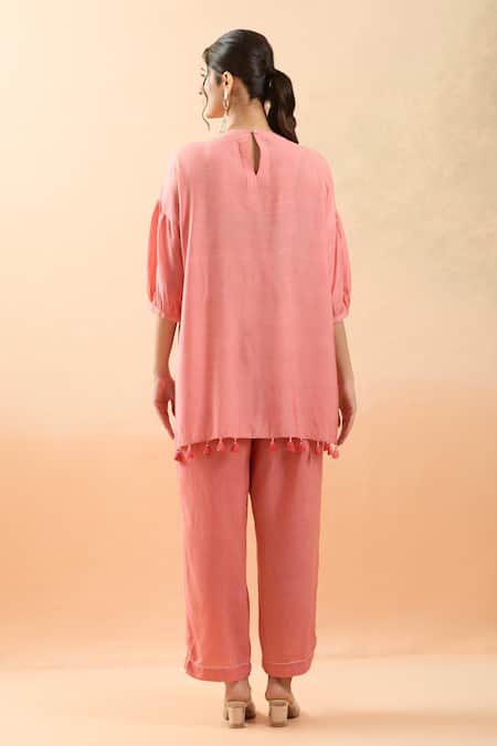 Shop Brij Peach Spandex Tassels Round Neck Zardozi Embroidered Kurta And Pant Set at Aza Fashions Shop_Brij_Peach Spandex Tassels Round Neck Zardozi Embroidered Kurta And Pant Set _at_Aza_Fashions