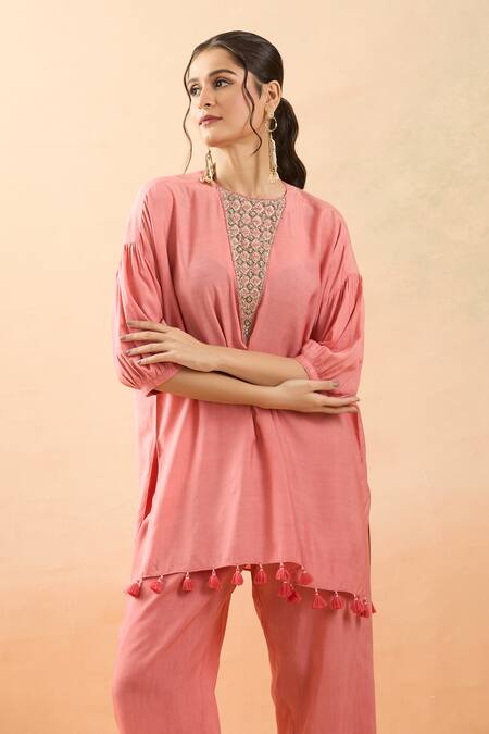 Brij Peach Spandex Tassels Round Neck Zardozi Embroidered Kurta And Pant Set Online at Aza Fashions Brij_Peach Spandex Tassels Round Neck Zardozi Embroidered Kurta And Pant Set _Online_at_Aza_Fashions