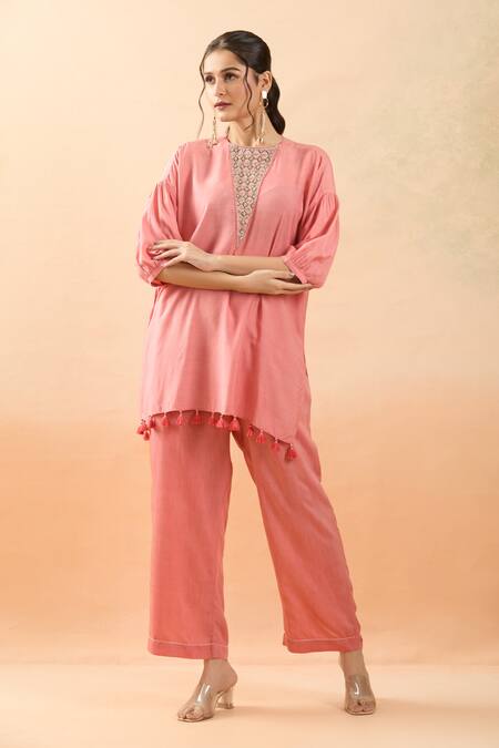 Buy Brij Peach Spandex Tassels Round Neck Zardozi Embroidered Kurta And Pant Set Buy_Brij_Peach Spandex Tassels Round Neck Zardozi Embroidered Kurta And Pant Set