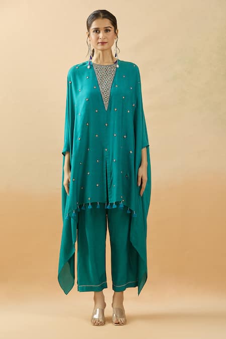 Shop Brij Green Spandex Zardozi Embroidered Cape Kurta And Pant Set at Aza Fashions Shop_Brij_Green Spandex Zardozi Embroidered Cape Kurta And Pant Set _at_Aza_Fashions