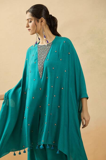 Brij Green Spandex Zardozi Embroidered Cape Kurta And Pant Set Online at Aza Fashions Brij_Green Spandex Zardozi Embroidered Cape Kurta And Pant Set _Online_at_Aza_Fashions