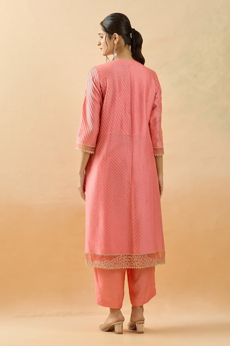 Shop Brij Peach Chanderi Silk, Kota Doria Round Neck Pintuck Kurta Set at Aza Fashions Shop_Brij_Peach Chanderi Silk, Kota Doria Round Neck Pintuck Kurta Set _at_Aza_Fashions