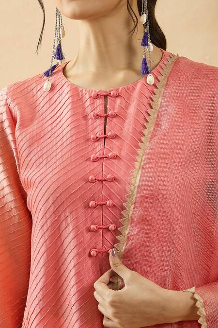 Brij Peach Chanderi Silk, Kota Doria Round Neck Pintuck Kurta Set Online at Aza Fashions Brij_Peach Chanderi Silk, Kota Doria Round Neck Pintuck Kurta Set _Online_at_Aza_Fashions