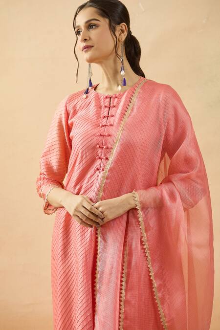 Buy Brij Peach Chanderi Silk, Kota Doria Round Neck Pintuck Kurta Set Online at Aza Fashions Buy_Brij_Peach Chanderi Silk, Kota Doria Round Neck Pintuck Kurta Set _Online_at_Aza_Fashions