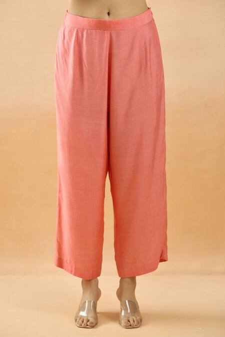 Shop Brij Peach Chanderi Silk, Kota Doria Round Neck Pintuck Kurta Set Online at Aza Fashions Shop_Brij_Peach Chanderi Silk, Kota Doria Round Neck Pintuck Kurta Set _Online_at_Aza_Fashions