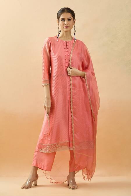 Brij Peach Chanderi Silk, Kota Doria Round Neck Pintuck Kurta Set at Aza Fashions Brij_Peach Chanderi Silk, Kota Doria Round Neck Pintuck Kurta Set _at_Aza_Fashions