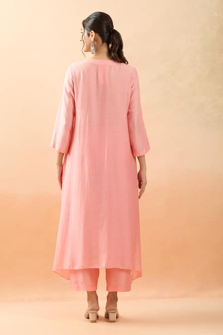 Shop Brij Peach Spandex Diamonds V-neck Dori Embroidered Kurta And Pant Set at Aza Fashions Shop_Brij_Peach Spandex Diamonds V-neck Dori Embroidered Kurta And Pant Set _at_Aza_Fashions