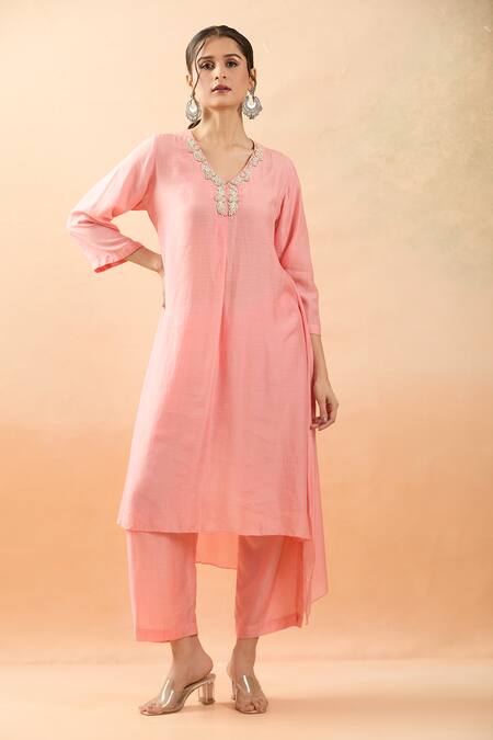 Buy Brij Peach Spandex Diamonds V-neck Dori Embroidered Kurta And Pant Set Online at Aza Fashions Buy_Brij_Peach Spandex Diamonds V-neck Dori Embroidered Kurta And Pant Set _Online_at_Aza_Fashions