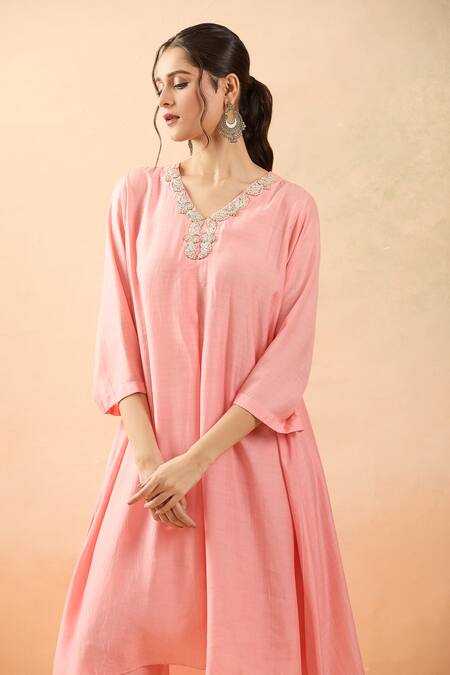 Shop Brij Peach Spandex Diamonds V-neck Dori Embroidered Kurta And Pant Set Online at Aza Fashions Shop_Brij_Peach Spandex Diamonds V-neck Dori Embroidered Kurta And Pant Set _Online_at_Aza_Fashions