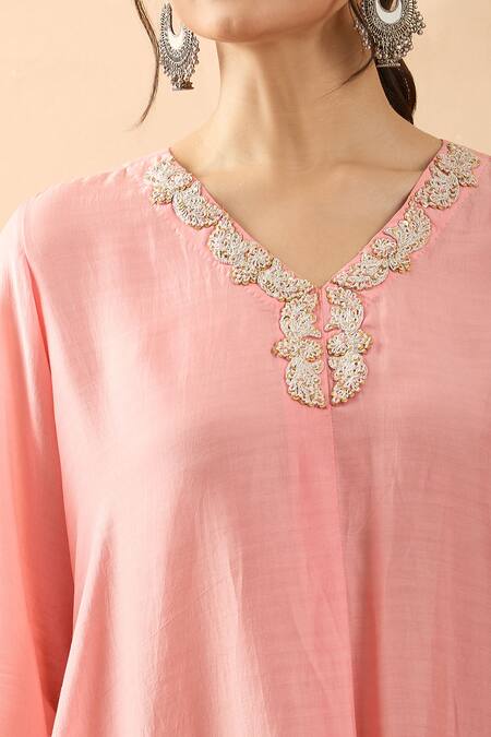 Brij Peach Spandex Diamonds V-neck Dori Embroidered Kurta And Pant Set at Aza Fashions Brij_Peach Spandex Diamonds V-neck Dori Embroidered Kurta And Pant Set _at_Aza_Fashions