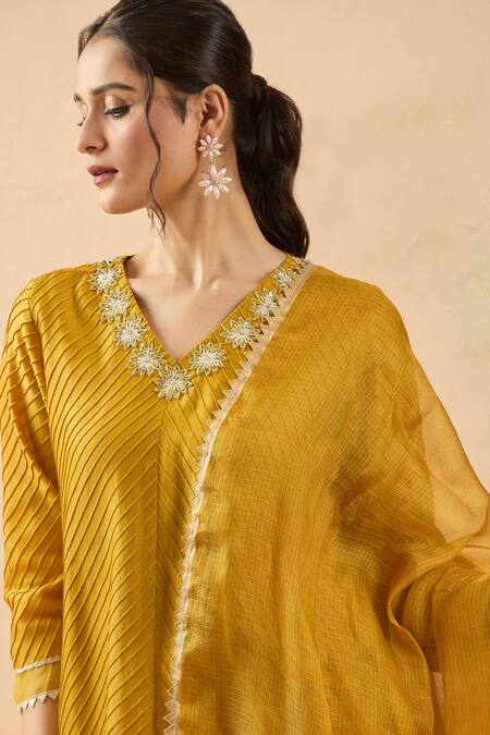 Brij_Yellow Chanderi Silk Applique, Sequins V-neck Mustard Embroidered Kurta Set _Online_at_Aza_Fashions