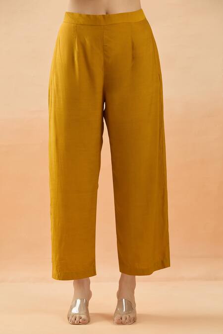 Shop_Brij_Yellow Chanderi Silk Applique, Sequins V-neck Mustard Embroidered Kurta Set _Online_at_Aza_Fashions