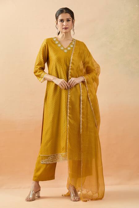 Brij_Yellow Chanderi Silk Applique, Sequins V-neck Mustard Embroidered Kurta Set _at_Aza_Fashions