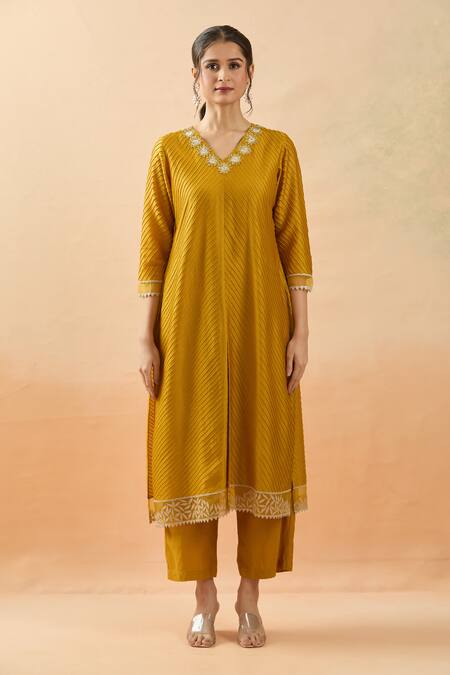 Buy_Brij_Yellow Chanderi Silk Applique, Sequins V-neck Mustard Embroidered Kurta Set 