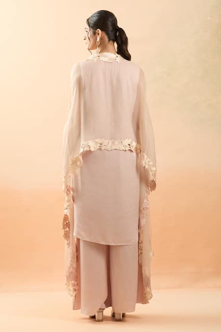 Shop Brij Pink Modal, Organza Embroidery V-neck Floral Cutwork Cape And Kurta Pant Set at Aza Fashions Shop_Brij_Pink Modal, Organza Embroidery V-neck Floral Cutwork Cape And Kurta Pant Set _at_Aza_Fashions