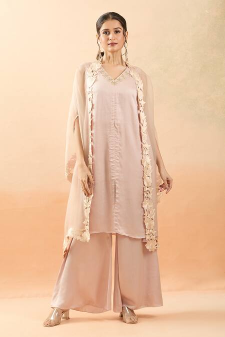 Brij Pink Modal, Organza Embroidery V-neck Floral Cutwork Cape And Kurta Pant Set Online at Aza Fashions Brij_Pink Modal, Organza Embroidery V-neck Floral Cutwork Cape And Kurta Pant Set _Online_at_Aza_Fashions