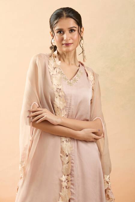 Buy Brij Pink Modal, Organza Embroidery V-neck Floral Cutwork Cape And Kurta Pant Set Online at Aza Fashions Buy_Brij_Pink Modal, Organza Embroidery V-neck Floral Cutwork Cape And Kurta Pant Set _Online_at_Aza_Fashions