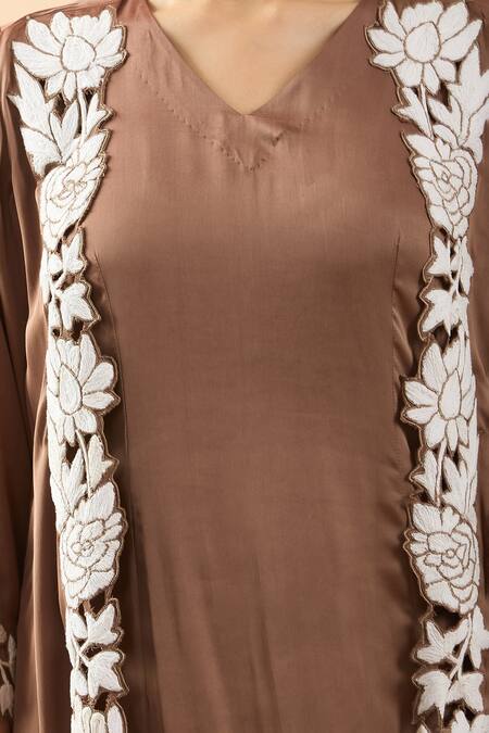 Buy Brij Brown Modal, Satin Embroidery Open Neck, Dori Floral Jacket Pant Set Online at Aza Fashions Buy_Brij_Brown Modal, Satin Embroidery Open Neck, Dori Floral Jacket Pant Set _Online_at_Aza_Fashions