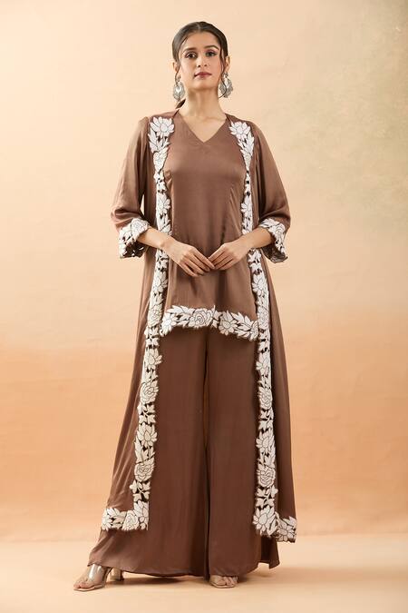 Shop Brij Brown Modal, Satin Embroidery Open Neck, Dori Floral Jacket Pant Set Online at Aza Fashions Shop_Brij_Brown Modal, Satin Embroidery Open Neck, Dori Floral Jacket Pant Set _Online_at_Aza_Fashions