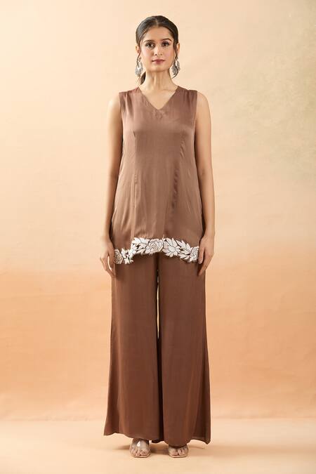 Brij Brown Modal, Satin Embroidery Open Neck, Dori Floral Jacket Pant Set at Aza Fashions Brij_Brown Modal, Satin Embroidery Open Neck, Dori Floral Jacket Pant Set _at_Aza_Fashions