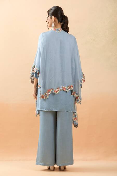 Shop Brij Blue Modal, Silk Embroidery Boat Neck Thread Cape Kurta Set at Aza Fashions Shop_Brij_Blue Modal, Silk Embroidery Boat Neck Thread Cape Kurta Set _at_Aza_Fashions