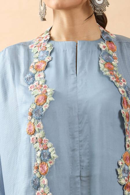 Brij Blue Modal, Silk Embroidery Boat Neck Thread Cape Kurta Set Online at Aza Fashions Brij_Blue Modal, Silk Embroidery Boat Neck Thread Cape Kurta Set _Online_at_Aza_Fashions