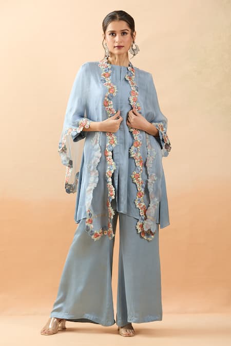 Buy Brij Blue Modal, Silk Embroidery Boat Neck Thread Cape Kurta Set Online at Aza Fashions Buy_Brij_Blue Modal, Silk Embroidery Boat Neck Thread Cape Kurta Set _Online_at_Aza_Fashions