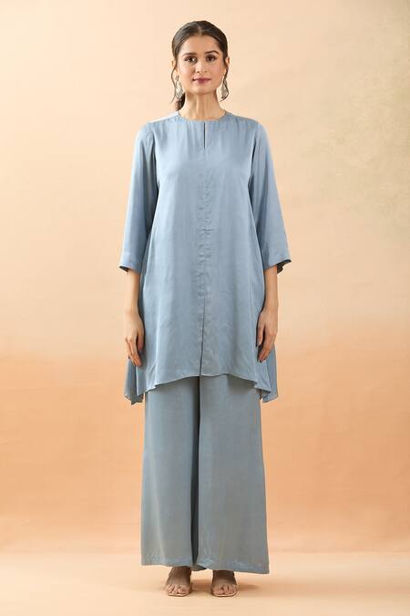 Shop Brij Blue Modal, Silk Embroidery Boat Neck Thread Cape Kurta Set Online at Aza Fashions Shop_Brij_Blue Modal, Silk Embroidery Boat Neck Thread Cape Kurta Set _Online_at_Aza_Fashions