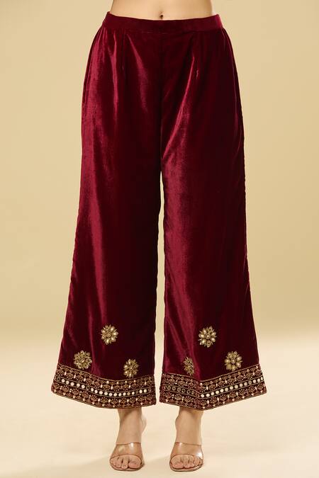 Buy Pouli Pret Maroon Velvet, Cotton Mirrors, Zari, Embroidery Split V-neck Zardozi Kurta Set Online at Aza Fashions Buy_Pouli Pret_Maroon Velvet, Cotton Mirrors, Zari, Embroidery Split V-neck Zardozi Kurta Set _Online_at_Aza_Fashions