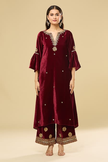 Shop Pouli Pret Maroon Velvet, Cotton Mirrors, Zari, Embroidery Split V-neck Zardozi Kurta Set Online at Aza Fashions Shop_Pouli Pret_Maroon Velvet, Cotton Mirrors, Zari, Embroidery Split V-neck Zardozi Kurta Set _Online_at_Aza_Fashions