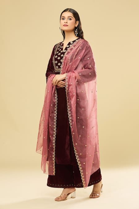 Shop Pouli Pret Maroon Velvet, Cotton, Organza Mirrors, Sequins, Zari Embroidered Kurta Set Online at Aza Fashions Shop_Pouli Pret_Maroon Velvet, Cotton, Organza Mirrors, Sequins, Zari Embroidered Kurta Set _Online_at_Aza_Fashions