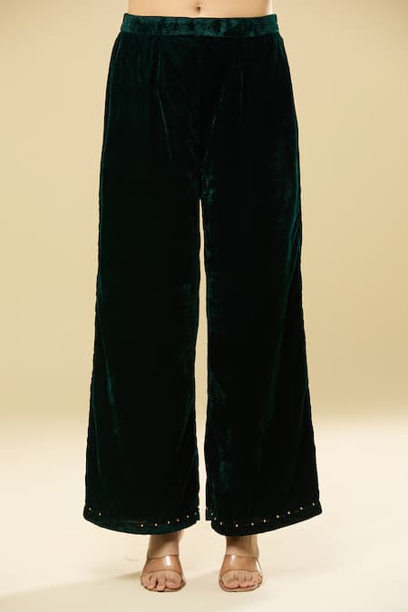 Buy_Pouli Pret_Green Velvet, Cotton, Organza Sequins, Zari Embroidered Kurta Palazzo Set _Online_at_Aza_Fashions