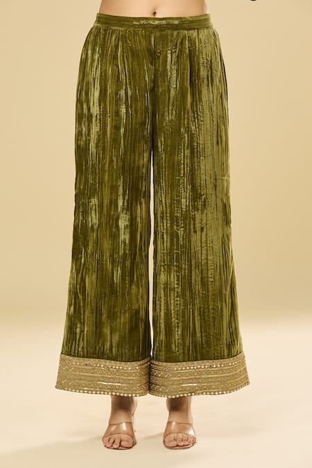 Shop Pouli Pret Green Velvet, Organza, Linen Mirrors, Sequins, Zari And Embroidered Kurta Set Online at Aza Fashions Shop_Pouli Pret_Green Velvet, Organza, Linen Mirrors, Sequins, Zari And Embroidered Kurta Set _Online_at_Aza_Fashions