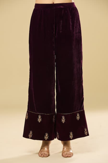 Shop_Pouli Pret_Purple Velvet, Organza, Cotton Pearls, Sequins, Embroidery Zari Kurta Set _Online_at_Aza_Fashions