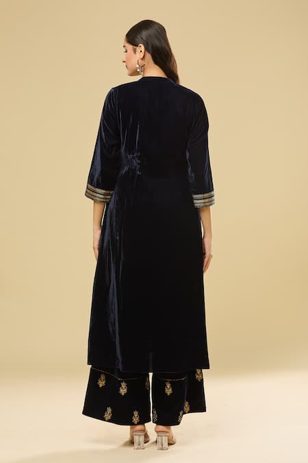 Shop Pouli Pret Blue Velvet, Organza, Cotton Pearls, Sequins, Zari, Embroidery Kurta Pant Set at Aza Fashions Shop_Pouli Pret_Blue Velvet, Organza, Cotton Pearls, Sequins, Zari, Embroidery Kurta Pant Set _at_Aza_Fashions