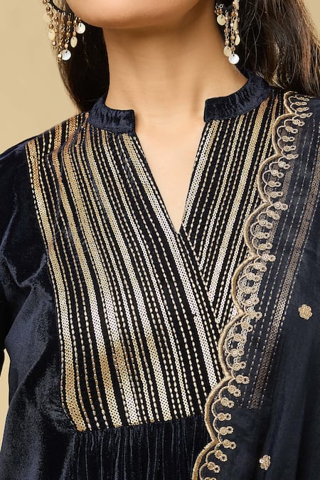 Buy Pouli Pret Blue Velvet, Organza, Cotton Pearls, Sequins, Zari, Embroidery Kurta Pant Set Online at Aza Fashions Buy_Pouli Pret_Blue Velvet, Organza, Cotton Pearls, Sequins, Zari, Embroidery Kurta Pant Set _Online_at_Aza_Fashions