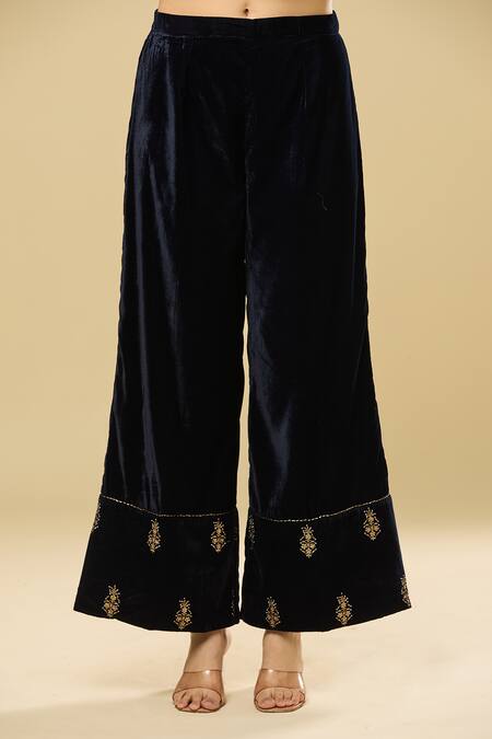 Shop Pouli Pret Blue Velvet, Organza, Cotton Pearls, Sequins, Zari, Embroidery Kurta Pant Set Online at Aza Fashions Shop_Pouli Pret_Blue Velvet, Organza, Cotton Pearls, Sequins, Zari, Embroidery Kurta Pant Set _Online_at_Aza_Fashions