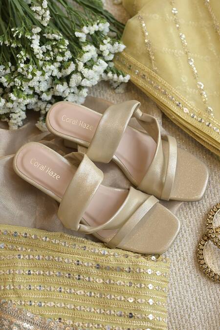 Shop Coral Haze Gold Bows Light Strappy Spool Heels at Aza Fashions Shop_Coral Haze_Gold Bows Light Strappy Spool Heels_at_Aza_Fashions