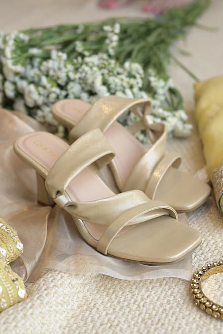 Coral Haze Gold Bows Light Strappy Spool Heels Online at Aza Fashions Coral Haze_Gold Bows Light Strappy Spool Heels_Online_at_Aza_Fashions