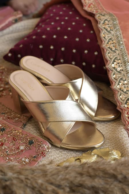 Coral Haze Gold Criss Cross Strappy Block Heels 