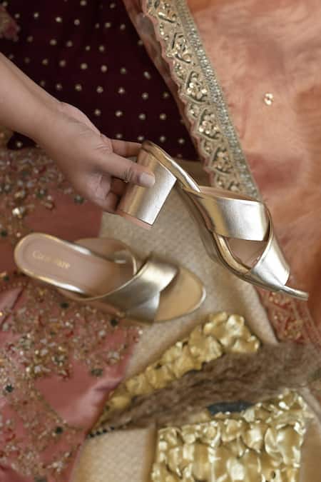 Coral Haze_Gold Criss Cross Strappy Block Heels _Online_at_Aza_Fashions