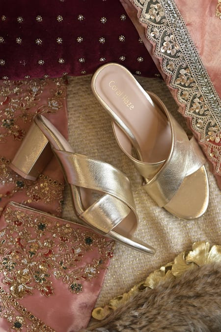 Buy_Coral Haze_Gold Criss Cross Strappy Block Heels _Online_at_Aza_Fashions
