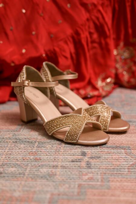 Shop Coral Haze Gold Crystals, Pearls Embellished Heels at Aza Fashions Shop_Coral Haze_Gold Crystals, Pearls Embellished Heels_at_Aza_Fashions