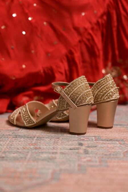 Coral Haze Gold Crystals, Pearls Embellished Heels Online at Aza Fashions Coral Haze_Gold Crystals, Pearls Embellished Heels_Online_at_Aza_Fashions
