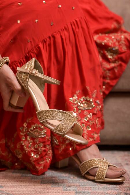 Buy Coral Haze Gold Crystals, Pearls Embellished Heels Online at Aza Fashions Buy_Coral Haze_Gold Crystals, Pearls Embellished Heels_Online_at_Aza_Fashions