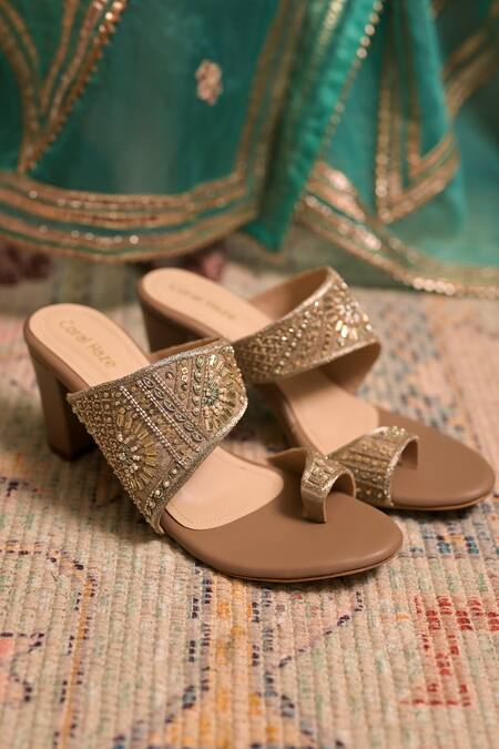 Coral Haze_Gold Zari, Embroidery Zardozi Block Heels_Online_at_Aza_Fashions