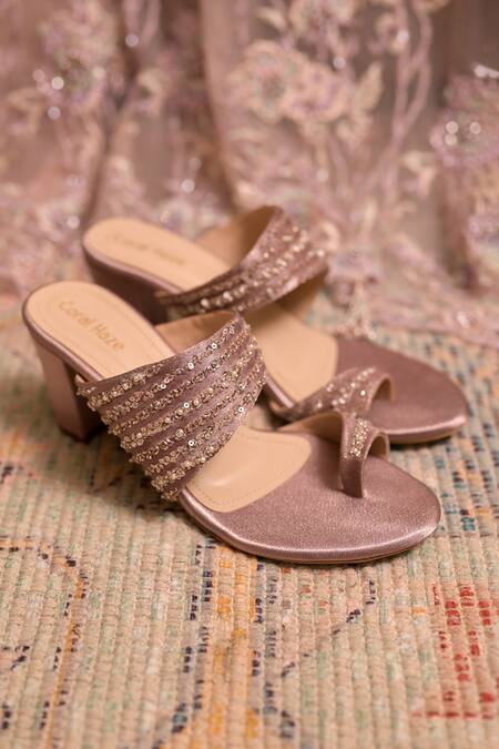 Shop Coral Haze Pink Cut Work, Sequins, Beads Embroidered Heels at Aza Fashions Shop_Coral Haze_Pink Cut Work, Sequins, Beads Embroidered Heels_at_Aza_Fashions