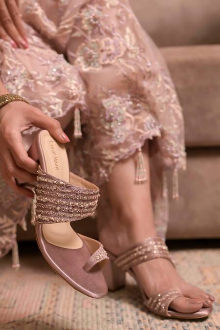 Shop Coral Haze Pink Cut Work, Sequins, Beads Embroidered Heels Online at Aza Fashions Shop_Coral Haze_Pink Cut Work, Sequins, Beads Embroidered Heels_Online_at_Aza_Fashions