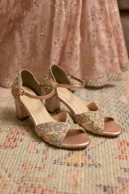 Coral Haze Beige Zardozi Embroidered Heels 